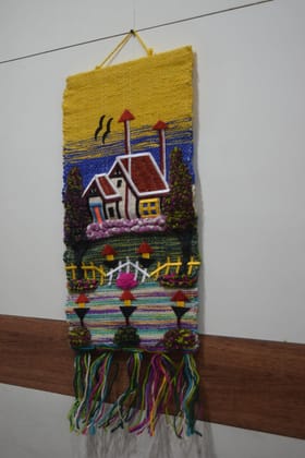 Handwoven Decorative Wall Tapestry, Traditional House Design, Multicolor, Wool Blend, Colorful Fringe, Folk Art Style, Yellow Background