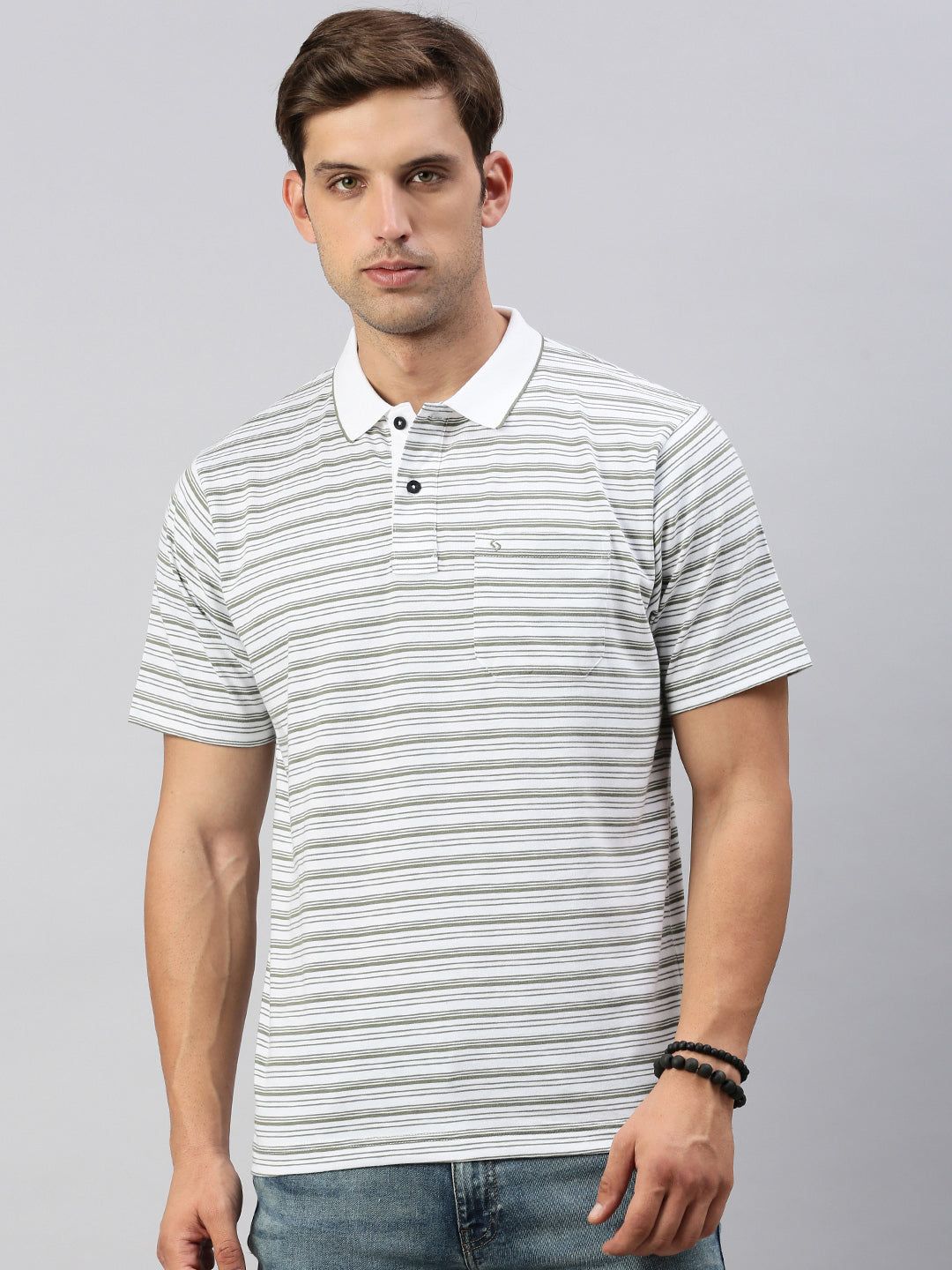Classic Polo Men's Half Sleeve White/Green Polo Neck Authentic Fit Striped T-Shirt | FEEDERS - 262 B AF P