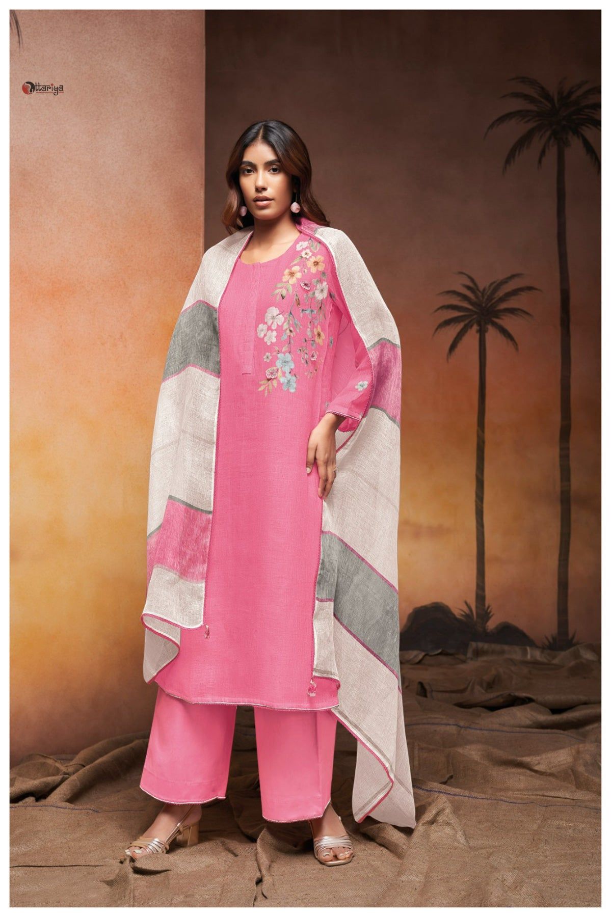 Pink Linen Kurta Set-L