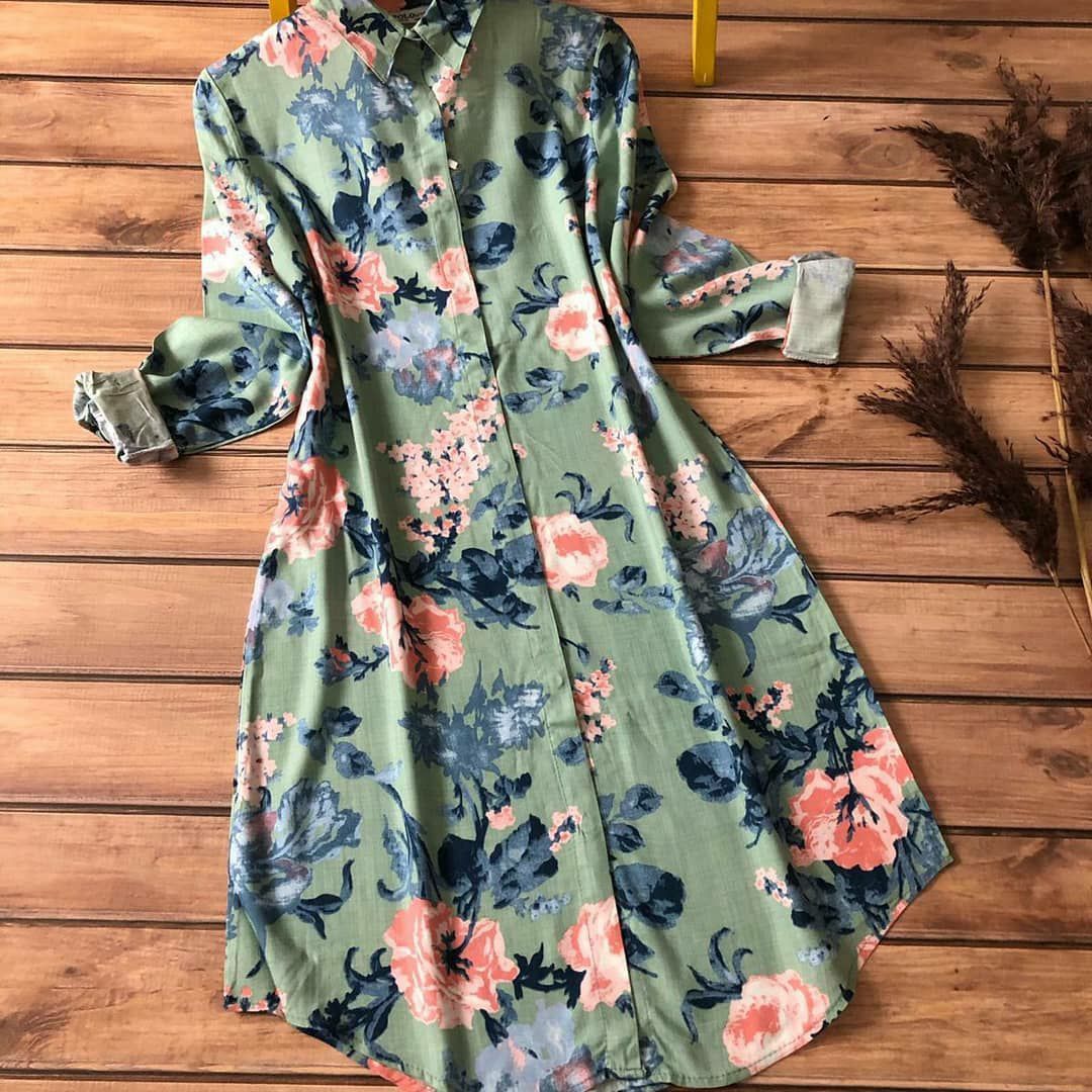 Eye Catching Floral Printed Green Color Fancy Kurti by GlamaStitch-M