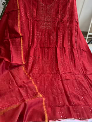 Chanderi Length Mukaish with Dupatta - Red-Red / Chanderi / Mukaish Work