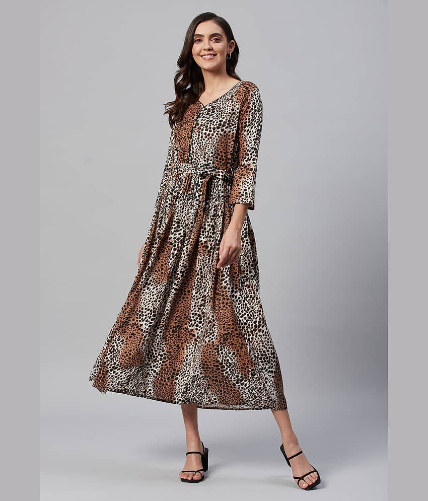 JC4U Women Cotton Blend Printed A-line Dress ( Brown )
