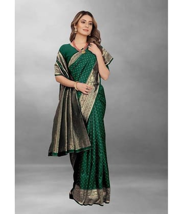 Gazal Fashions Banarasi Silk Self Design Saree With Unstitched Blouse Piece ( Green )