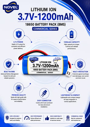 NOVEL 3.7V BMS 18650 LITHIUM ION SINGLE BATTERY WITH JST 2PIN - 1200mAh