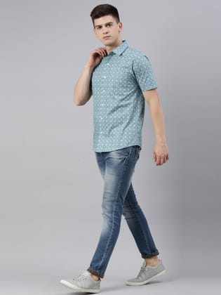 Blue Printed Short Sleeves Shirt-38