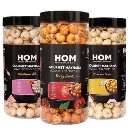 GOURMET MAKHANA Roasted in Olive Oil | Flavors Tangy Tomato, Cream & Onion and Himalayan Salt | Combo Of 3, 65g Each. - 195 gm