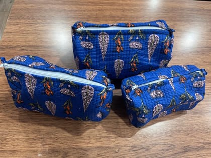 Quilted Cosmetic Pouches Set of 3, Blue Floral Print, Zippered Makeup Bags, Travel Organizer