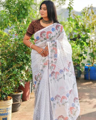 Elegant White Linen Saree - Maroon Floral Bunches & Polka Dots | Perfect for Weddings & Parties