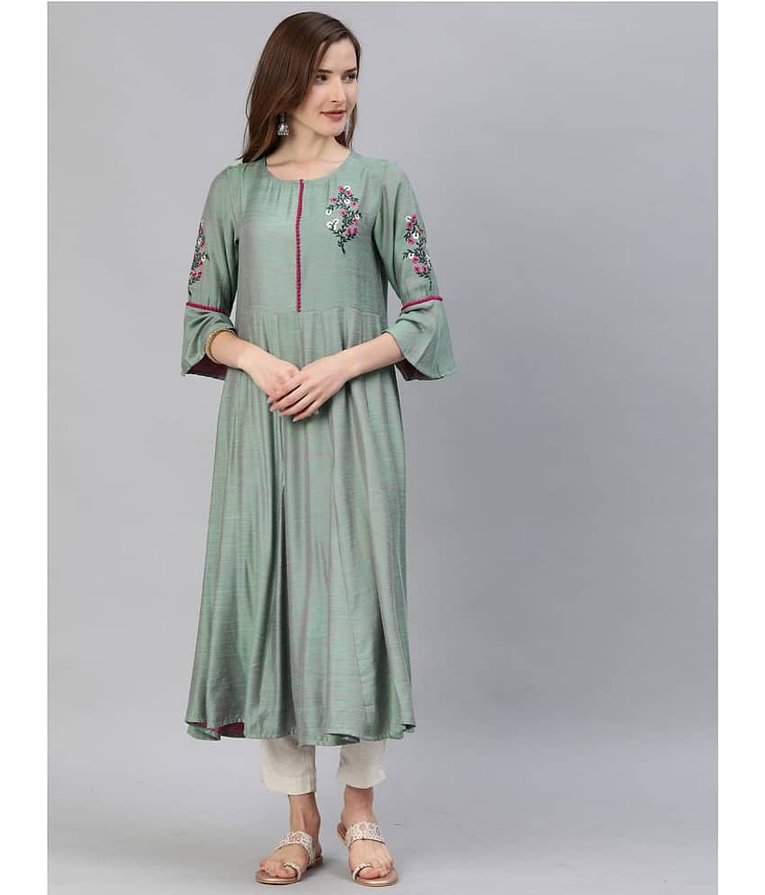 Yash Gallery Pack of 1 Viscose Embroidered Flared Women's Kurti - ( Green )