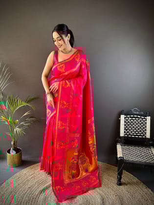 Pink Soft Silk Meenakari Zari Weaving With Peacock Border Paithani Saree