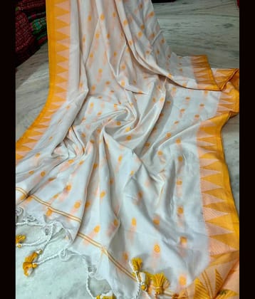 SARADA HANDLOOM Cotton Printed Saree With Unstitched Blouse Piece ( White )