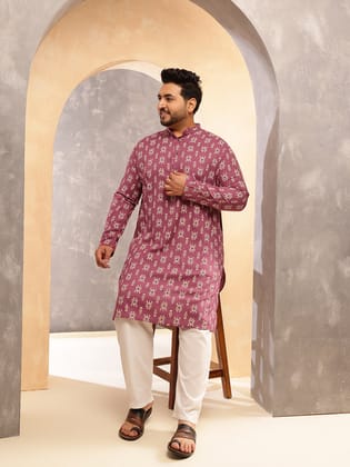 Men's Cotton Blend Ikkat Print Coral Kurta With White Pyjama-46