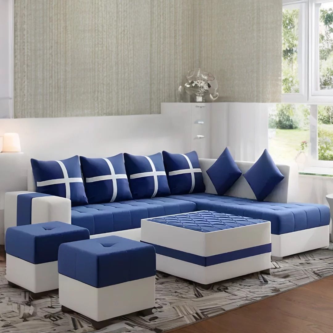 Starlet Furniture Stolino Fabric 8 Seater LHS L Shape Sofa Set (Blue - Light Grey)