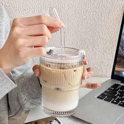 Water Drinking Glass with Lid and Straw, 350 ML, Set of 1, Travel Sipper Mug, Coffee Tumbler for Juice, Mocktail, Cocktails, Smoothies, Milkshakes Hot & Cold Beverages