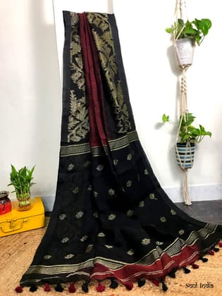 Handloom Pure Organic Linen Jamdani -Brick Red
