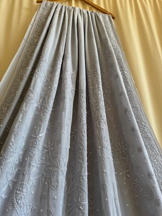 Viscose Light cool grey Chikankari saree with Pearl embellishments-Blue