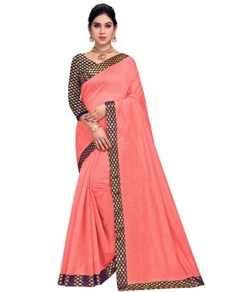 Generic Women's Chanderi Cotton Lace Border Saree With Blouse (Peach, 5-6  Mtr)
