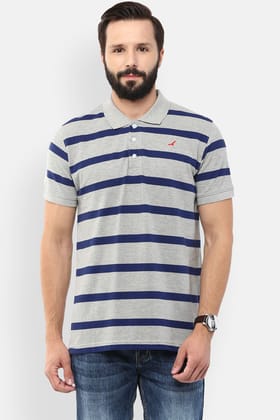 Men's Polo Collar Striped T-Shirt - Grey Melange & Navy Blue-M