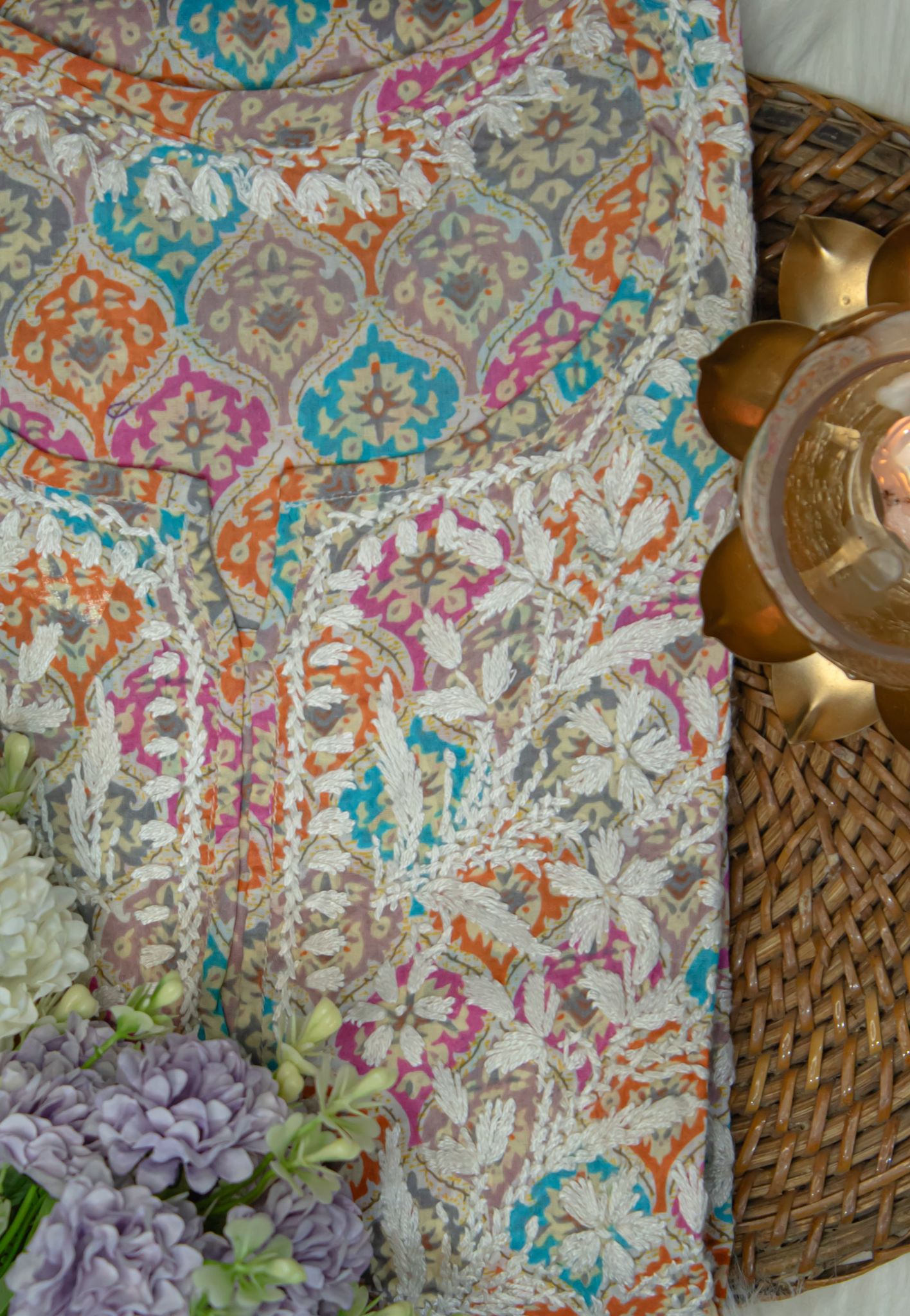 The Chikankari Story: Colorful Elegance, Hand-Embroidered Printed Mulmul Cotton Kurti in Cyan, Beige, Green & Orange-Orange / XS