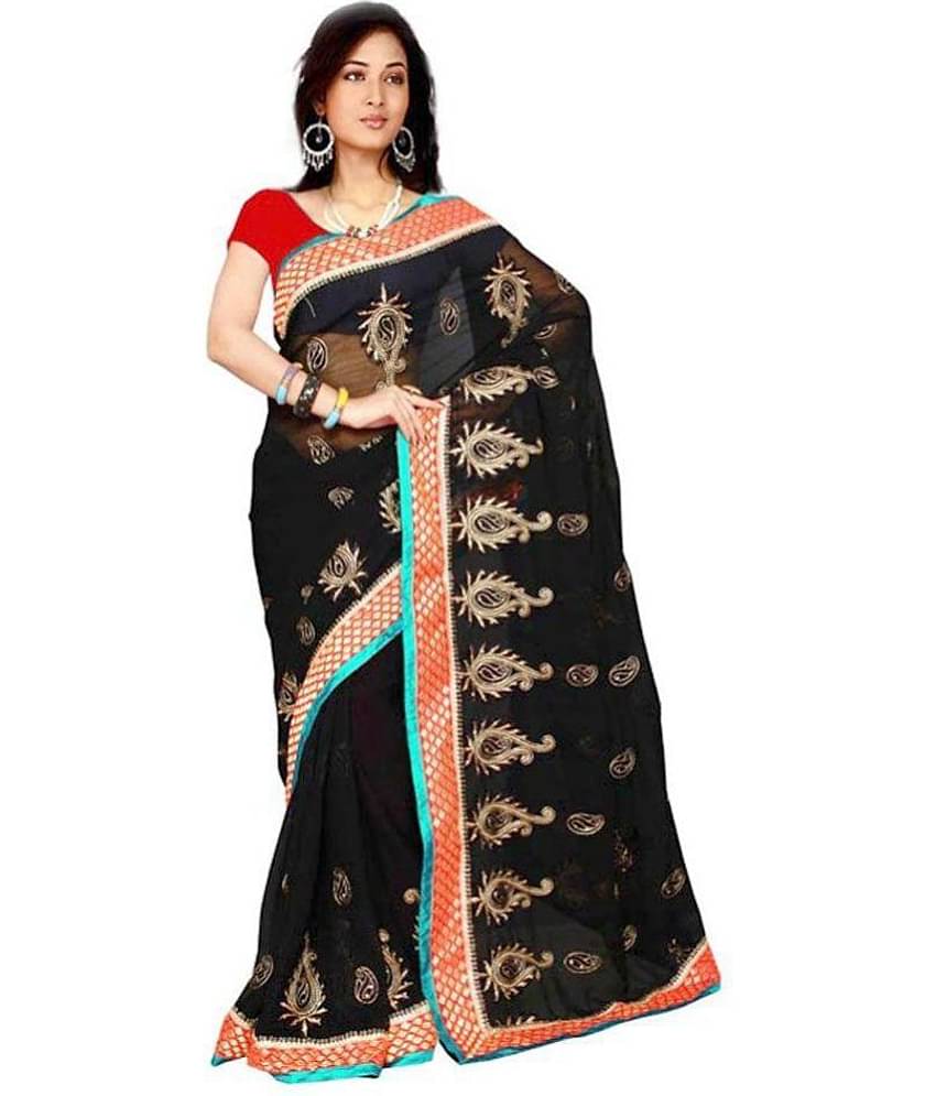 Bhuwal Fashion Chiffon Saree With Unstitched Blouse Piece ( Black )