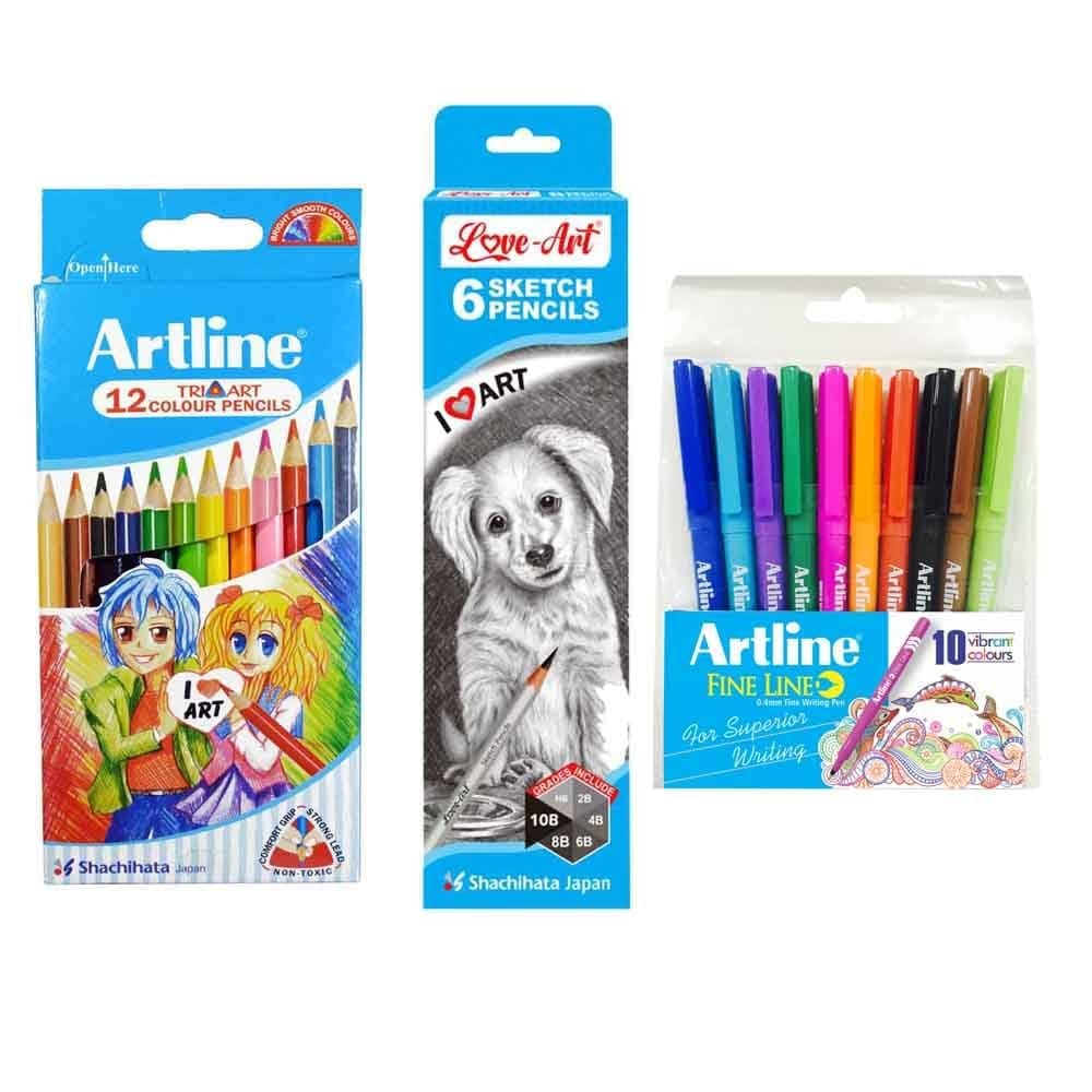 Artline Combo Pack - 10 Assorted Fine Line Pens, 6 Sketch Pencils, and 12 Tri-Art Colour Pencils Set