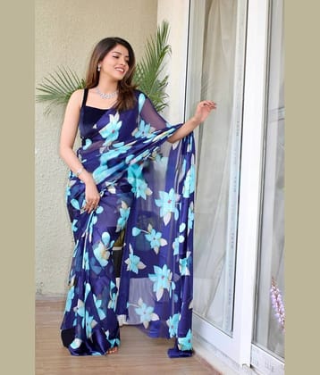 Sitanjali Georgette Printed Saree With Unstitched Blouse Piece ( Navy Blue )