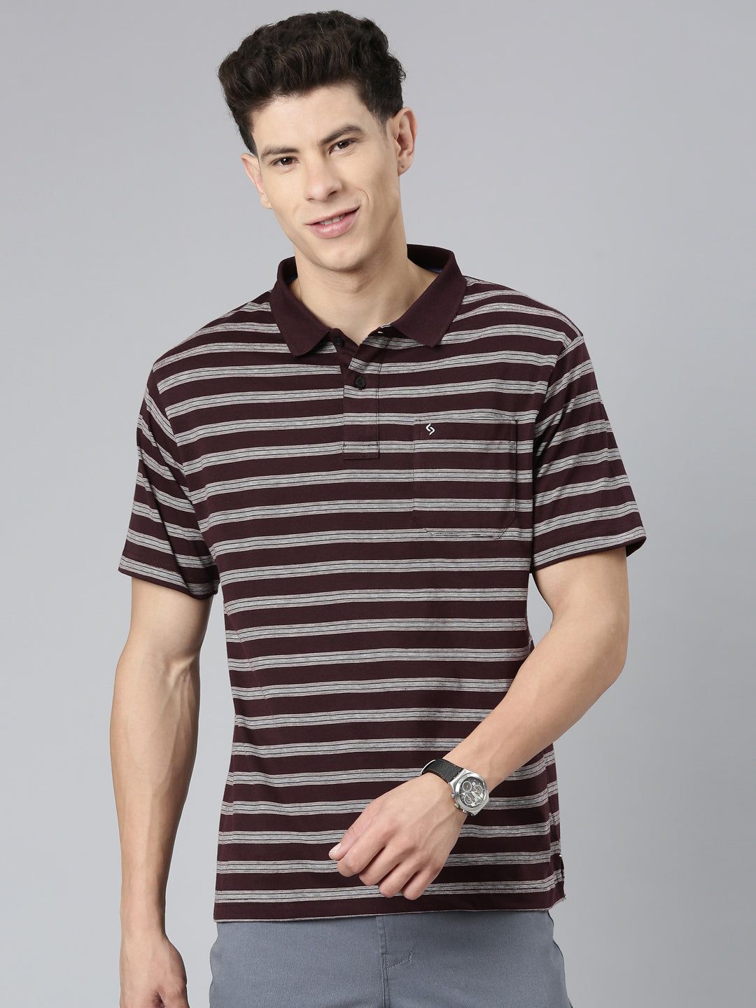 Classic Polo Mens Striped Wine/Grey Polo Neck Authentic Fit T-Shirt | AVON - 559 B AF P