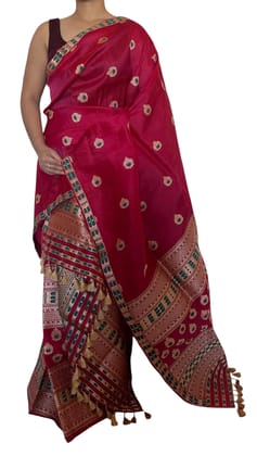 Luxurious Red Wine Mekla Chadar in Mulberry Silk with Tassar Design, 2.50m Length, 38cm Width, Paired with 3m Chadar, Decorative Tassels, Ideal for Festive Occasions and Special Events
