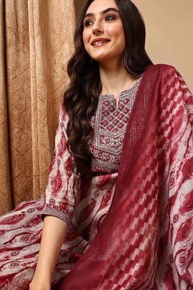 Maroon Pure Cotton Printed Ethnic Motifs Yoke Design Suit Set VKSKD2043