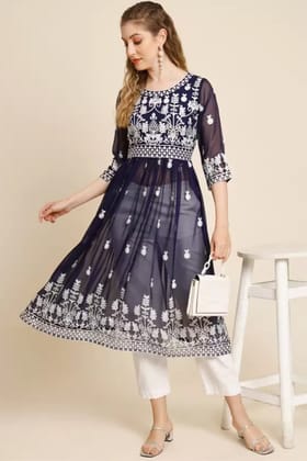 Blue Embroidered Georgette Long Tops-XXL-44