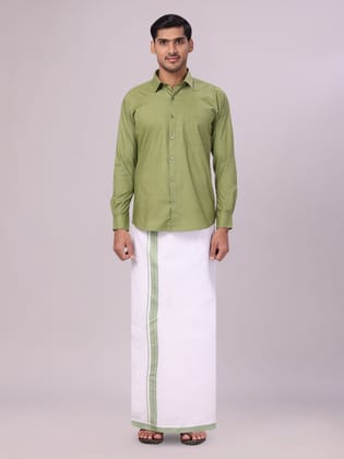 Mens Light Green Color Shirt with Matching Border Dhoti Combo Casper-36 / F/S / Light Green