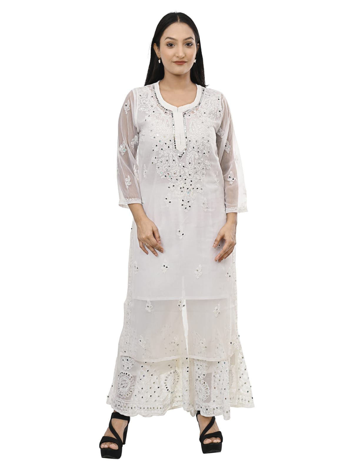 MRS RIGHT CHIKANKARI MIRROR EMBROIDERED KURTI SHARARA SET FOR WOMEN AND GIRLS
