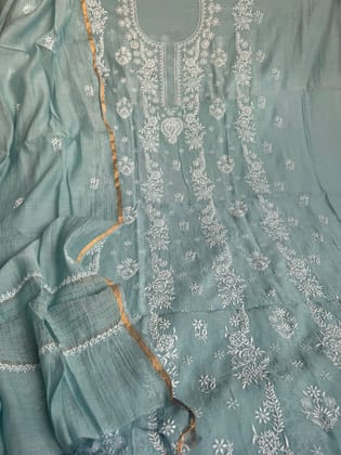 Mul Chanderi Chikankari Unstitched Length with Dupatta -Turkish Blue-Turkish Blue / Mul Chanderi / Pearl Work