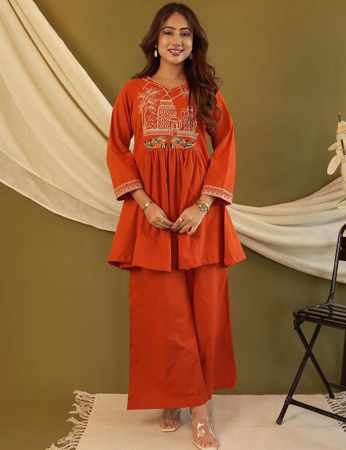 Womens Ethnic Co-Ord Set Orange Sparrow Suit