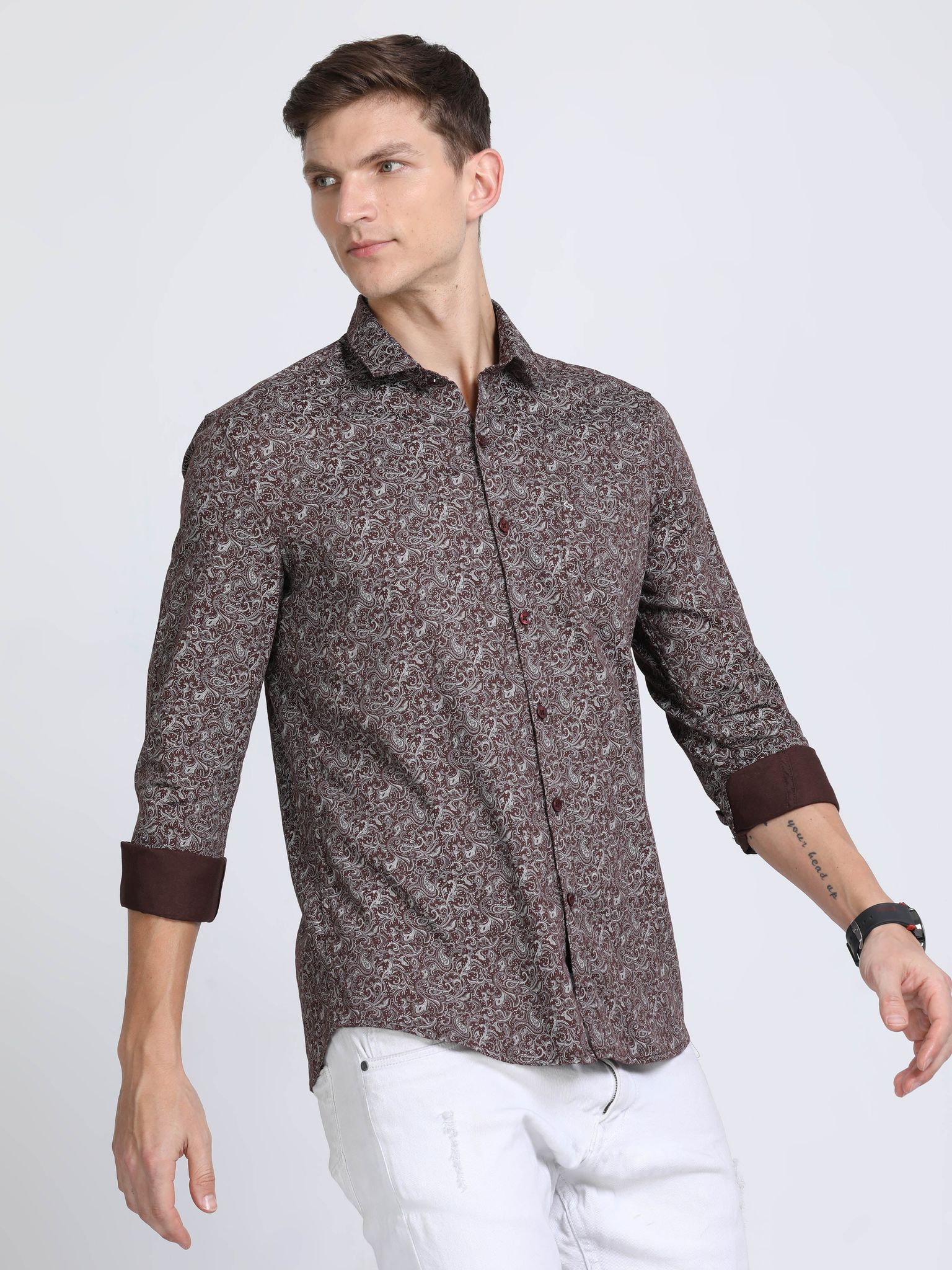 Classic Polo Mens Pure Cotton Full Sleeves Floral Slim Fit Polo Neck Brown Color Woven Shirt | So2-168 B-Fs-Prt-Sf