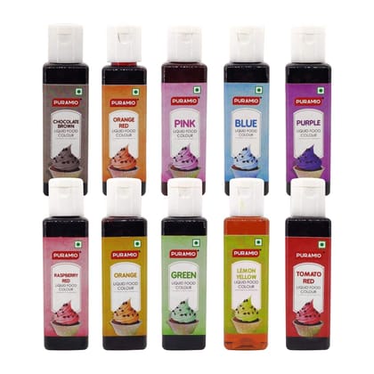 Puramio Assorted Liquid Food Colours (Tomato Red, Lemon Yellow, Orange Red, Orange, Raspberry Red, Blue, Purple, Green, Pink, Chocolate Brown), 30 ml Each - Pack of 10
