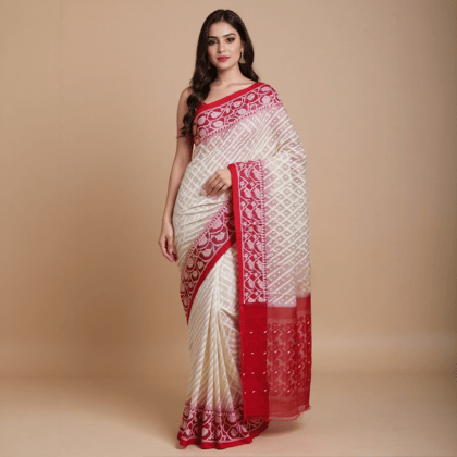 Bengal Mix Cotton White & Red Jamdani Saree Bengal Mix Cotton White & Red Jamdani Saree