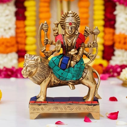Brass Durga Ji God Idol - Handmade Brass Statue for Home Puja, Height : 6.5 Inch (BSMAS438 B)