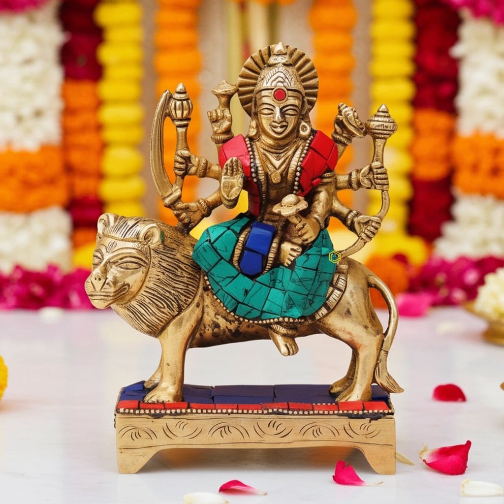 Brass Durga Ji God Idol - Handmade Brass Statue for Home Puja, Height : 6.5 Inch (BSMAS438 B)