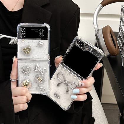 Glitter Bow Clear Transparent Bling Samsung Z Flip Fold Cases-Samsung Z Flip 4 / Bow