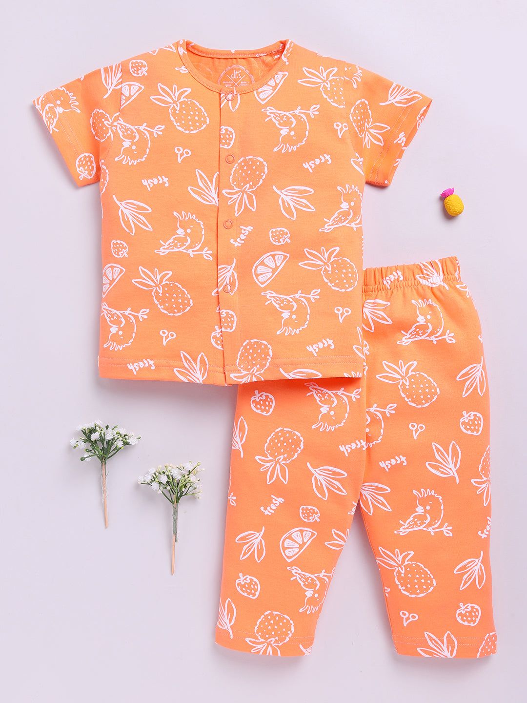 Tropical Orange Cotton Half Sleeves Nightwear Set-3-6 m