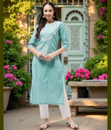 Pannkh Cotton Embroidered Straight Women's Kurti - Turquoise ( Pack of 1 )