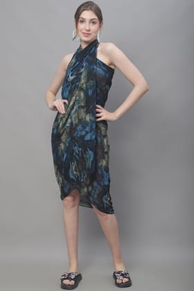 Blue Color Abstract Printed Georgette Beachwear Cover Up Sarong-ONESIZE