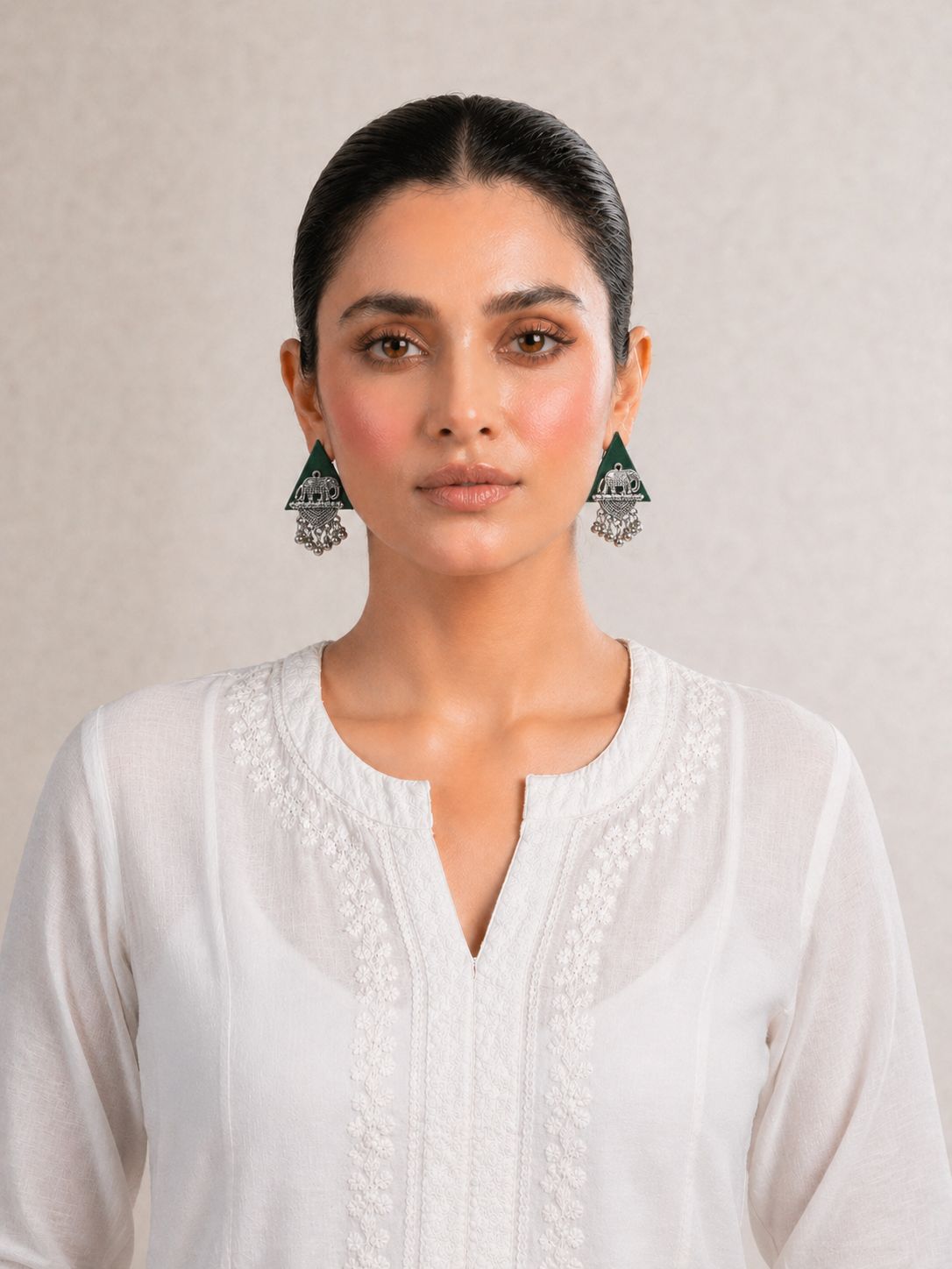 Green Silver Elephant Motif Fabric Earrings