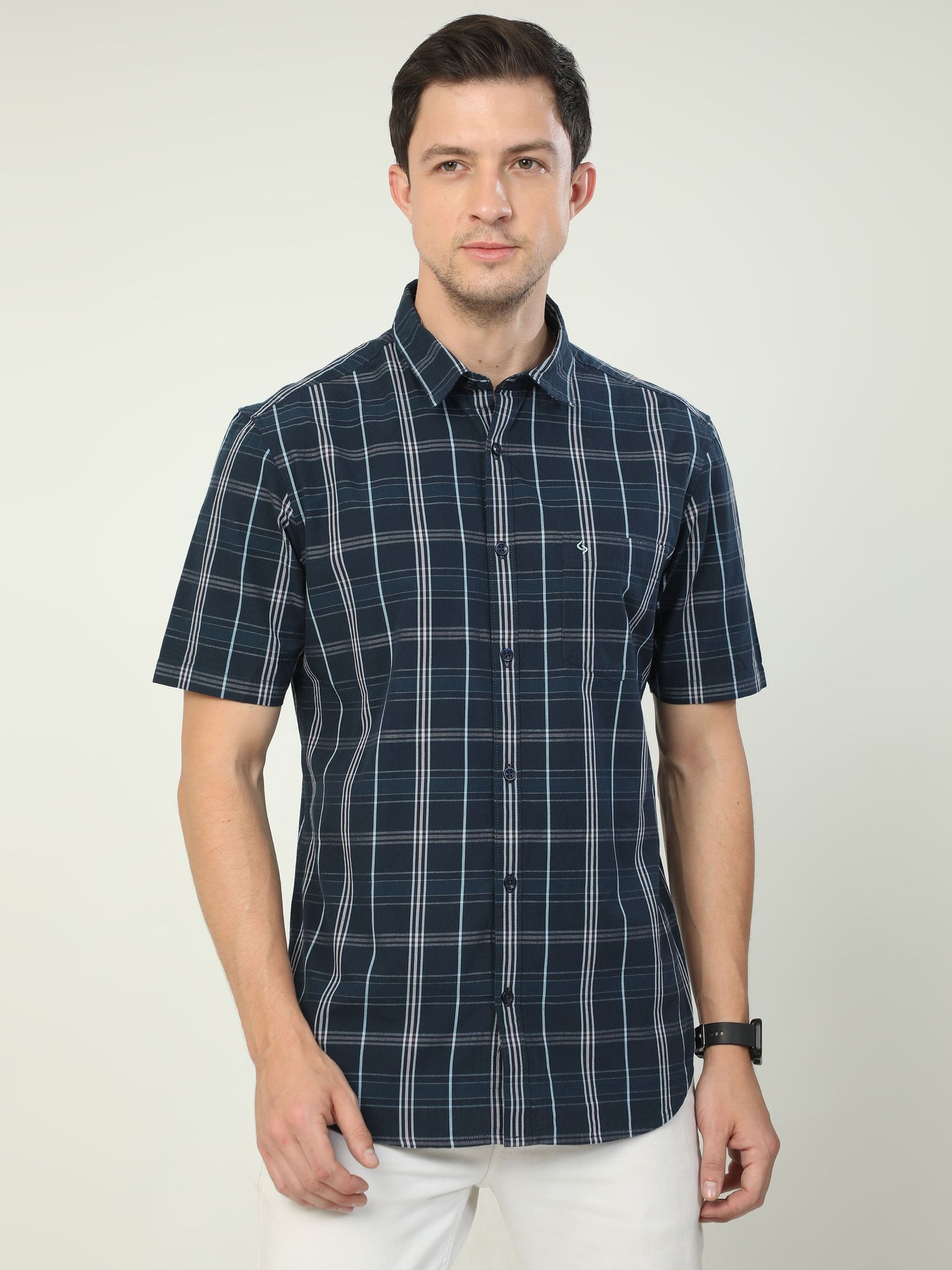Classic Polo Men's Polo Neck Half Sleeve Slim Fit Cotton Woven Shirt | SO2-100 A-HS-CHK-SF