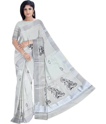 BRINDAVAN CREATIONS Kerela Cotton Embroidered Saree With Unstitched Blouse Piece ( Silver )