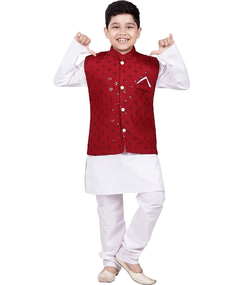 s muktar garments Baby Boys Cotton Blend Sequined - Pattern Kurta Pyjama Set ( Red , Pack of 1 )