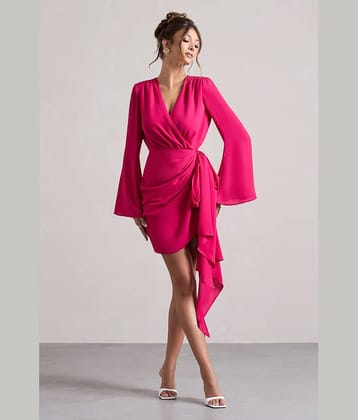 Traquila Women Crepe Solid Wrap Dress ( Pink )