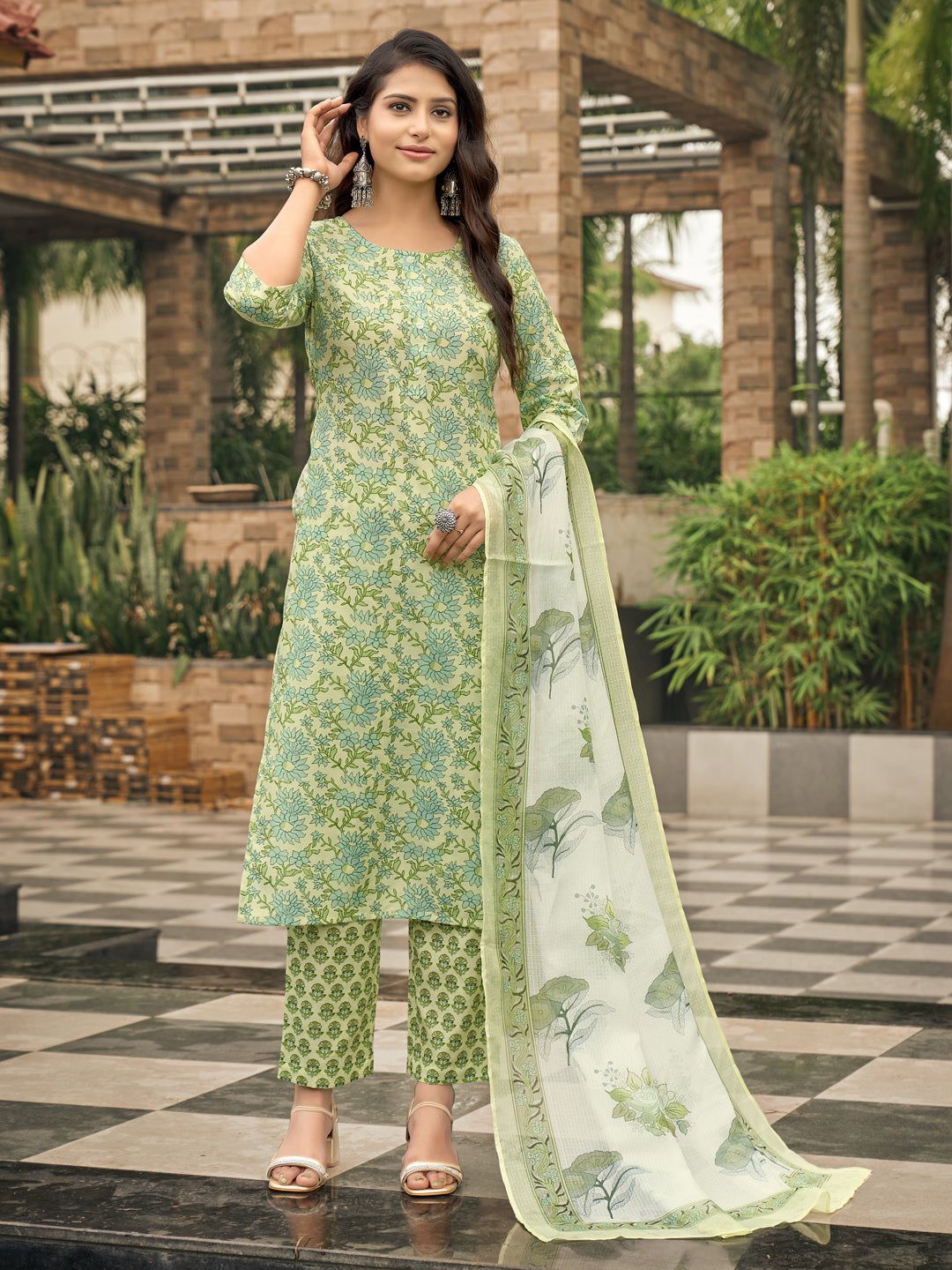 Green Floral Printed Round Neck Kurta Set-S