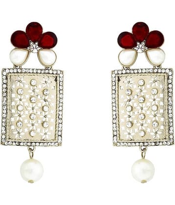 The Jewelbox Designer American Diamond Ruby Red Pearl Rhodium Long Earring for Women